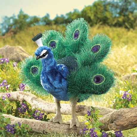 Peacock Puppet with vibrant green feathers and blue body, designed for hand play and finger movement, perfect for ages 3 and up.