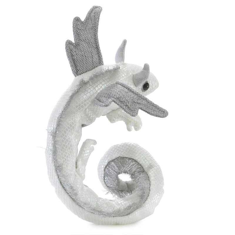 Dragon Wristlet Pearl Puppet in white and silver with wings and curled tail, wearable finger puppet for kids and cosplay.