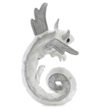 Dragon Wristlet Pearl Puppet in white and silver with wings and curled tail, wearable finger puppet for kids and cosplay.