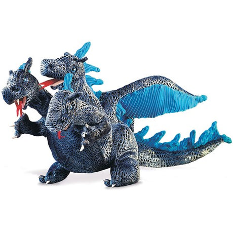 Three-Headed Dragon Puppet in blue with textured scales and three heads, perfect for imaginative play and storytelling.