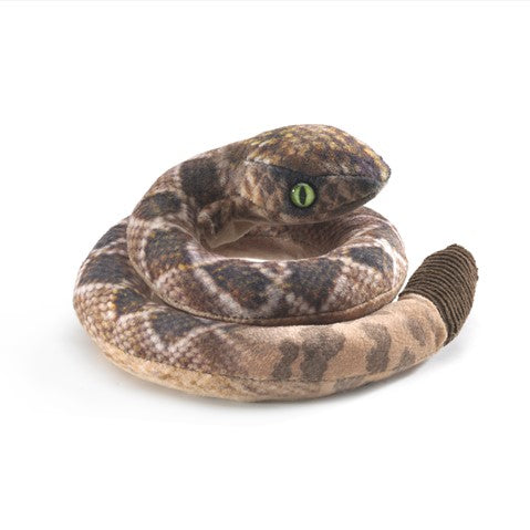 Rattlesnake Finger Puppet with printed snakeskin and rattle, coiled and ready for imaginative play.