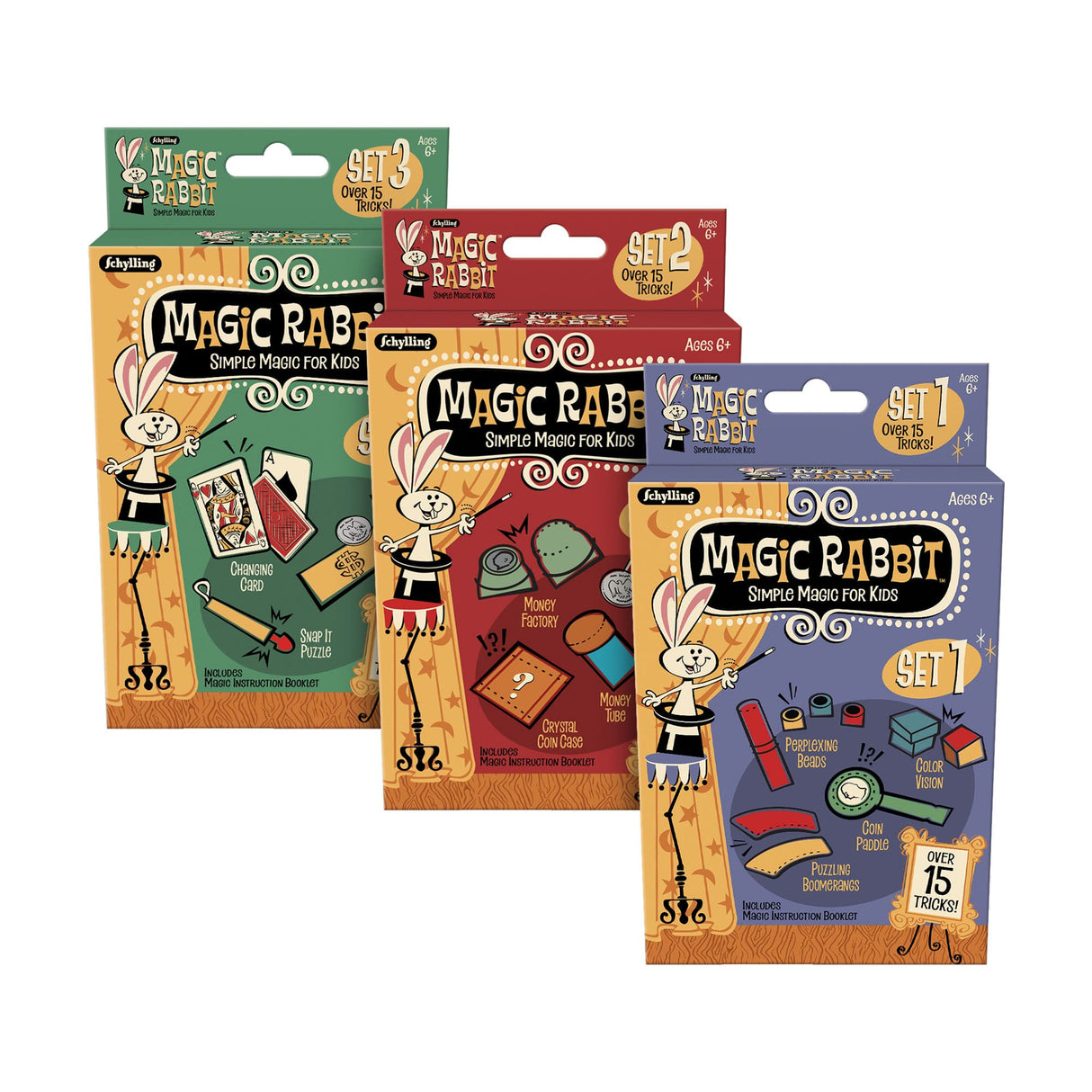 Assorted Magic Tricks featuring three colorful sets with classic props like coin paddle and puzzling boomerangs for kids 6 and up.