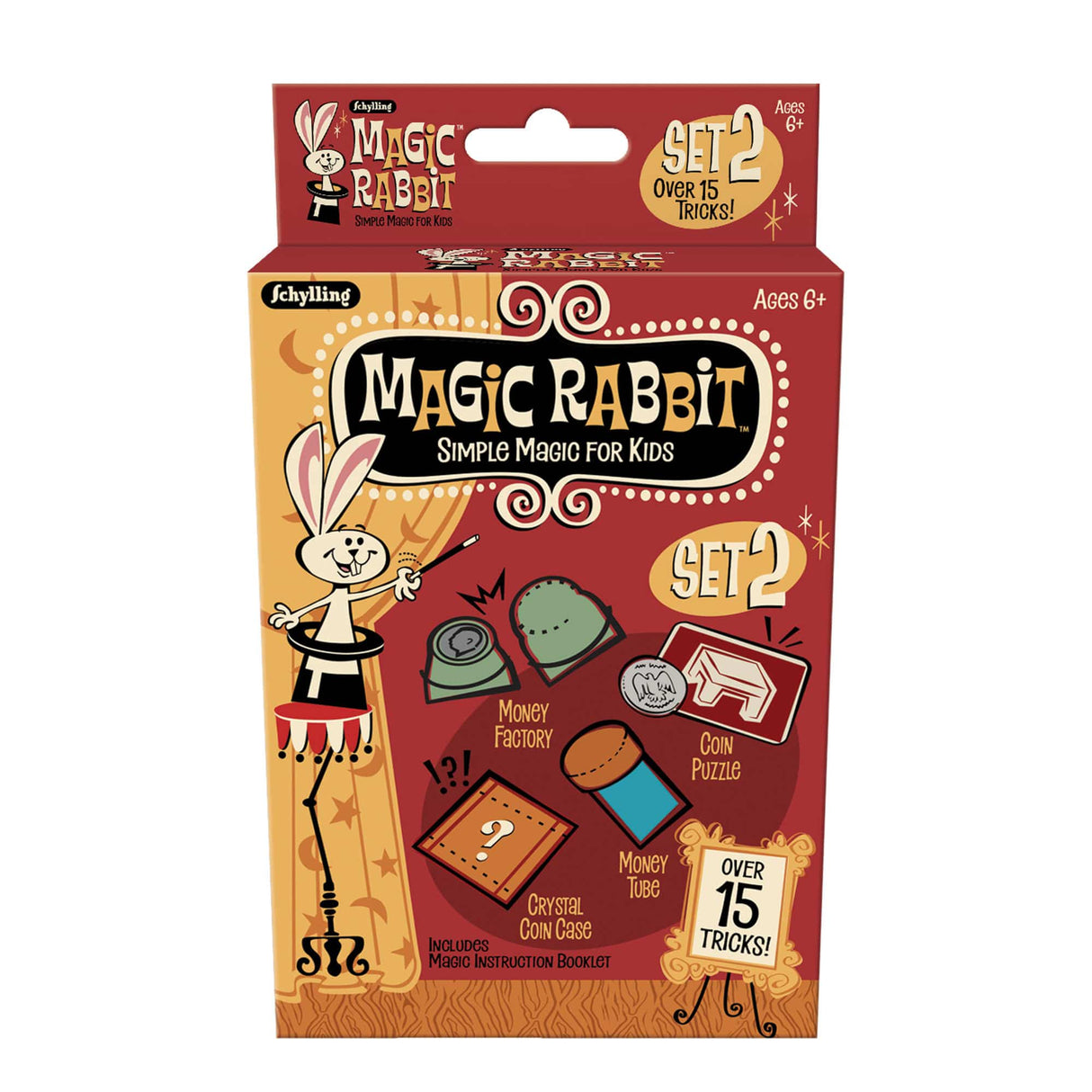 Assorted Magic Tricks set 2 with over 15 tricks including coin puzzle, money tube, and crystal coin case for kids 6 and up.