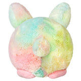 Tie Dye Bunny Snackers plush toy showing soft pastel tie dye fur and back view with ears and tail.