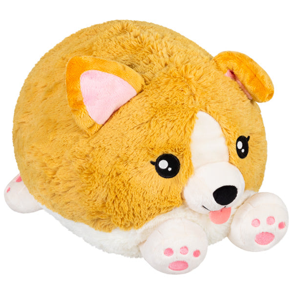 Baby Corgi plush toy, soft round shape with cute face and pink paws, perfect for kids ages 3 and up.