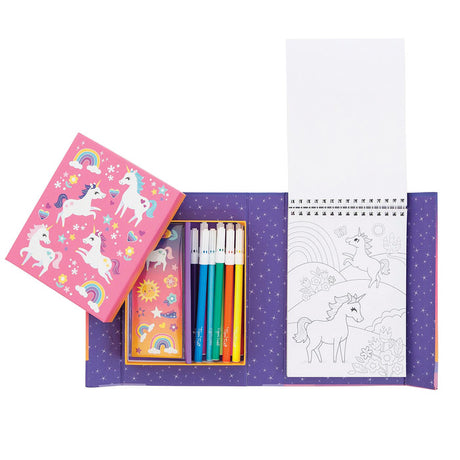Coloring Set | Unicorn Magic with markers, stickers, and coloring pages featuring unicorn illustrations in a storage box.