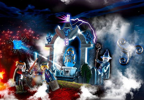 Playmobil Novelmore | Temple of Time with knights, wizard Timithor, glowing armor, and luminous laser sword in a magical setting.