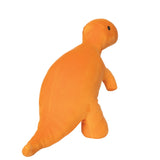 Dino Growly T-Rex plush in bright orange, soft velveteen fabric, weighted for comfort, 14 inches long from head to tail.
