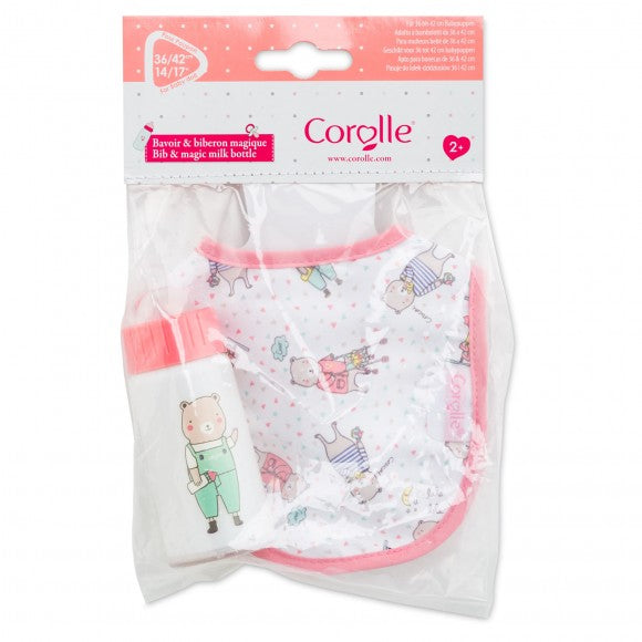 Magic Bottle & Bib set with pink-trimmed bib and illustrated baby bottle for 14”-17” Corolle baby dolls ages 2 and up.