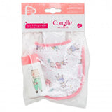 Magic Bottle & Bib set with pink-trimmed bib and illustrated baby bottle for 14”-17” Corolle baby dolls ages 2 and up.