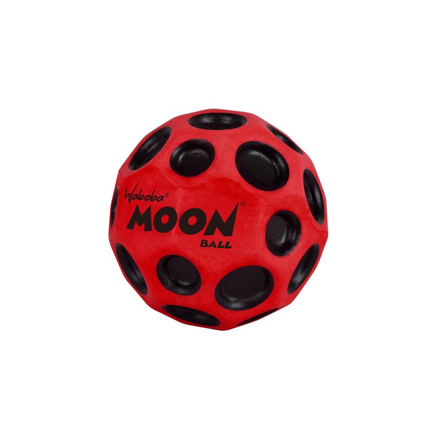 Red Waboba Moon Ball with black craters, designed for high, gravity-defying bounces on hard surfaces.
