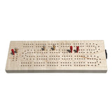 Continuous Track Maple Cribbage board made of maple wood with pegging holes and colored pegs included.