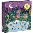 500pc Merry Moonlight Skate Puzzle showing festive ice skaters on a snowy city rink with gold foil accents.