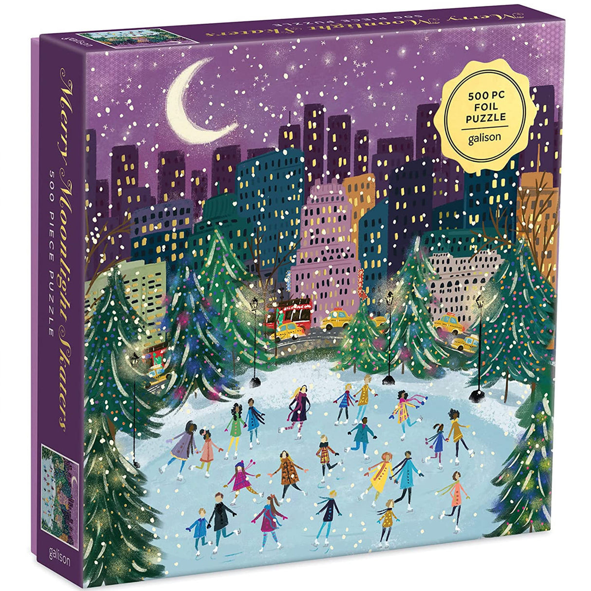 500pc Merry Moonlight Skate Puzzle showing festive ice skaters on a snowy city rink with gold foil accents.