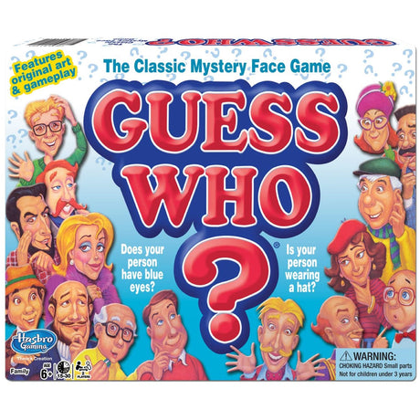 Guess Who classic mystery face game with original art and gameplay for ages 6 and up featuring colorful character faces.