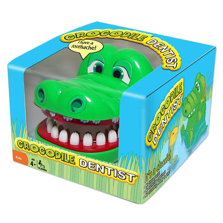 Crocodile Dentist game in colorful box featuring a green crocodile with interactive teeth for kids aged 4 and up.