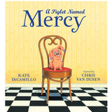 Book cover of A Piglet Named Mercy showing a small piglet sitting on a wooden chair in a yellow room.