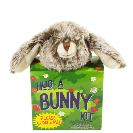 Hug a Bunny Kit featuring a soft plush bunny on a green floral box with a Bunny Hugger's Guide inside.