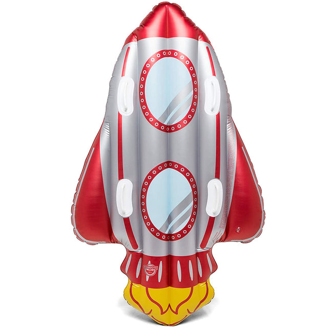Snow Tube for 2 | Rocket Ship inflatable sled in red and silver with blue window designs and yellow flame bottom.