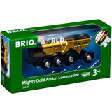 Mighty Golden Action Locomotive toy train with shiny gold paint, battery-powered, light and sound effects in green BRIO packaging.
