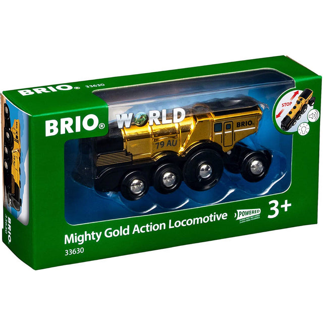 Mighty Golden Action Locomotive toy train with shiny gold paint, battery-powered, light and sound effects in green BRIO packaging.