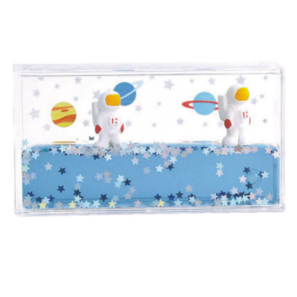 Liquid Floater Astronaut with floating charms inside a clear rectangular case featuring planets and stars.