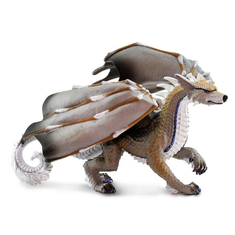 Wolf Dragon toy featuring wolf-like face and paws with dragon-scaled body and large folded wings in gray and brown tones.