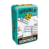 Double 12 Dominoes tin case with colorful domino tiles designed for Mexican Train and other fun games.