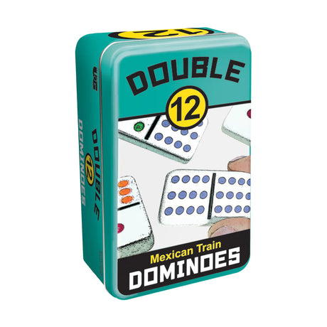 Double 12 Dominoes tin case with colorful domino tiles designed for Mexican Train and other fun games.